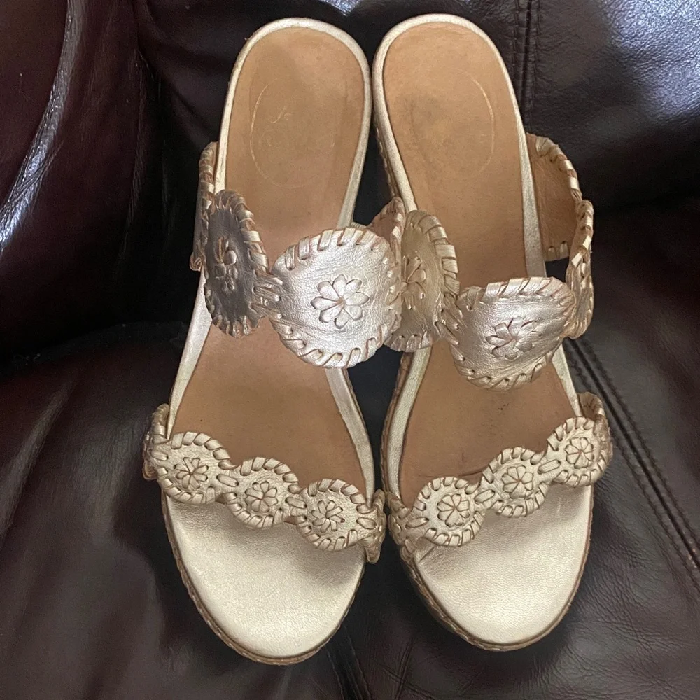 Jack Rogers Metallic Gold Wedge Sandals with Floral Medallions